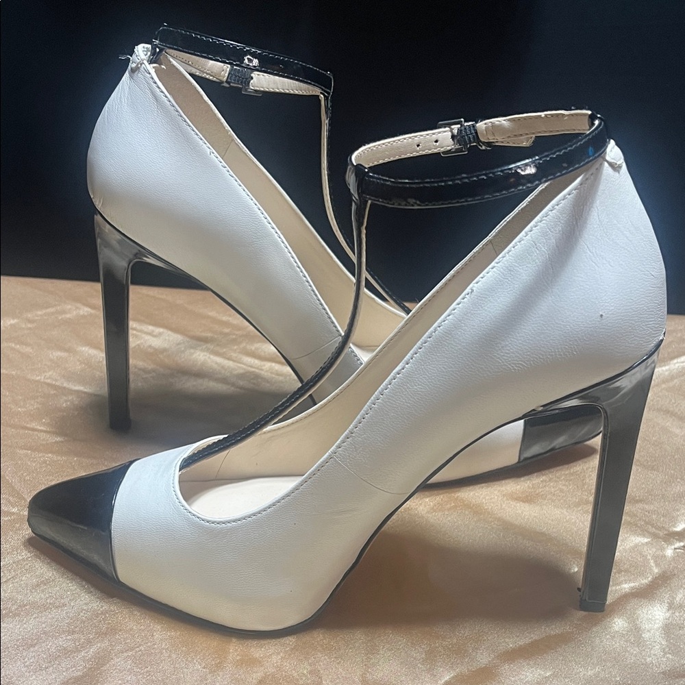Nine West Two-Tone Pointed Toe Ankle-Strap Pumps in White and Black